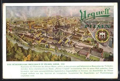 Künstler-AK Pilsen, Ortsansicht mit Brauerei Bürgerliches Bräuhaus aus der Vogelschau, Wappen