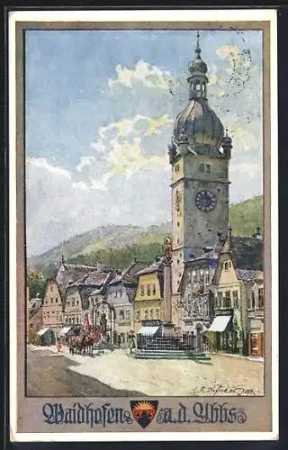 Künstler-AK Waidhofen a. d. Ybbs, Strassenpartie mit Uhrturm und Mariensäule, Deutscher Schulverein