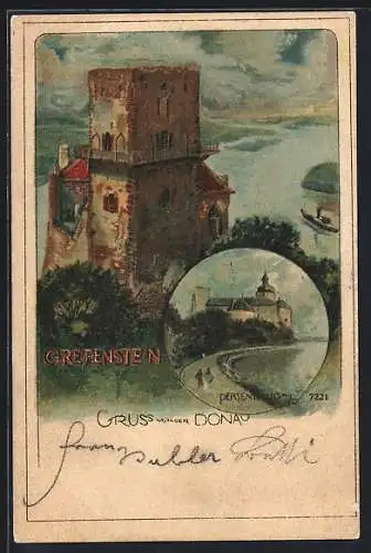 Lithographie Persenbeug / Donau, Ruine Greifenstein und Schlossansicht