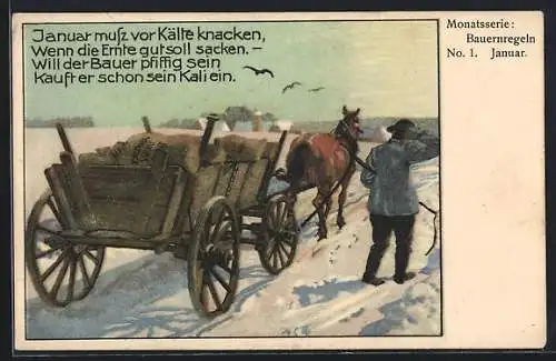 AK Reklame für Kali, Bauernregel Januar, Pferdewagen im Winter