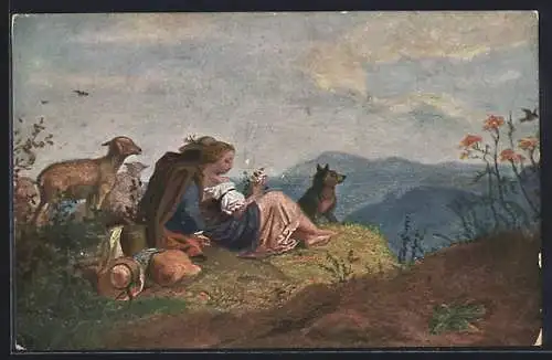 Künstler-AK Ludwig Richter: Schäferidyll, Schäfer mit seiner Geliebten auf dem Berg