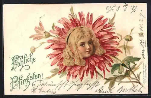 AK Blondes Fräulein in einer Blume, Pfingstgruss