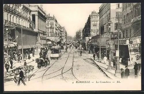 AK Marseille, La Cannebière, Strassenbahn