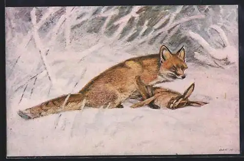 Künstler-AK Fuchs mit Hase im Schnee