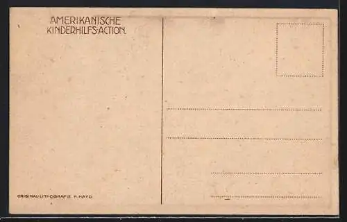 Künstler-AK Kinder sitzen beim Essen zusammen, Amerikanische Kinderhilfs-Aktion