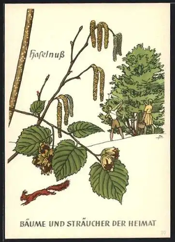 Künstler-AK Haselnuss, Corylus avellana, mit Eichhörnchen und Bogenschütze