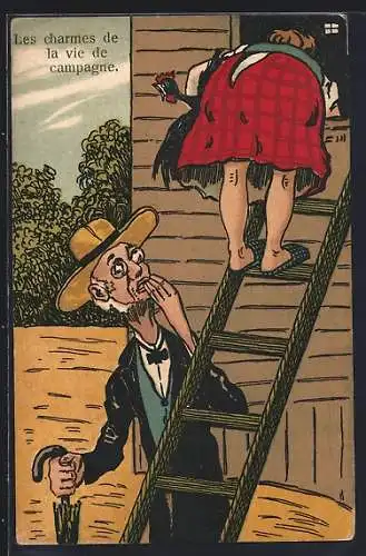 Künstler-AK Herr schaut einer Bäuerin auf den Hintern, Les charmes de la vie de campagne