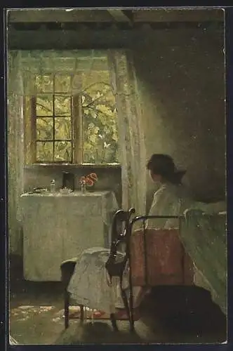 Künstler-AK sign. H. Slott-Moller: Morgenstimmung, Junge Frau blickt aus dem Fenster