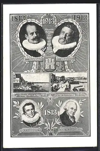 AK Hamburg, Jungfernstieg 1813 und 1913, Bürgermeister Schröder und Predöhl, Abendroth u. Chr. M. Schröder, Wappen