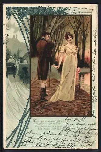 Lithographie Junges Paar an einem Fluss am Abend, Strasse mit Fuhrwerk, Dornenzweige