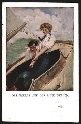 Künstler-AK Clarence F. Underwood: Des Meeres und der Liebe Wellen, Liebespaar im Boot bei stürmischer See