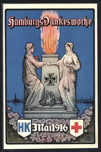 AK Hamburg, Dankeswoche, 14. - 21. Mai 1916, Ewiges Feuer, Rotkreuzschwester, Nagelung