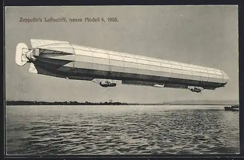 AK Zeppelins Luftschiff, Modell 4, 1908, Flug über einem See