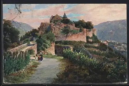 Künstler-AK Bad Münster a. St., Burg Ebernburg mit Ortsblick