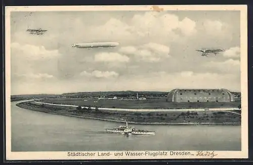 AK Dresden, Städt. Land- und Wasser-Flugplatz, Panorama mit Luftschiff