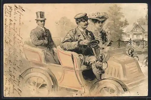 Lithographie elegantes junge Paar in Automobil mit Chauffeur