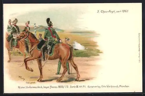 Lithographie Soldaten in grüner Uniform an Wegweiser, 5. Chev.-Regiment