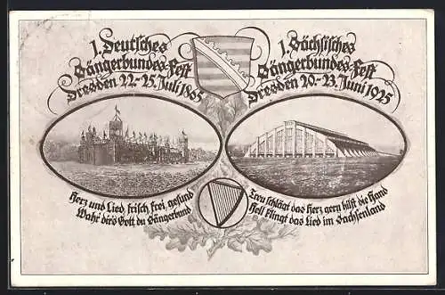 AK Dresden, Jubiläum: 1. Deutsches Sängerbundes-Fest 1865, 1. Sächsisches Sängerbundes-Fest 1925, Wappen