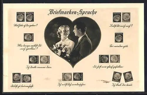 AK Briefmarkensprache, Paar in Herz