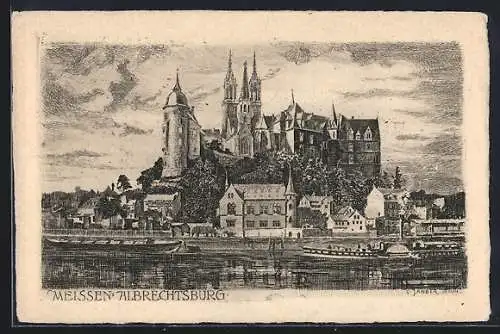 AK Meissen, Uferpanorama mit Passagierdampfer und Albrechtsburg