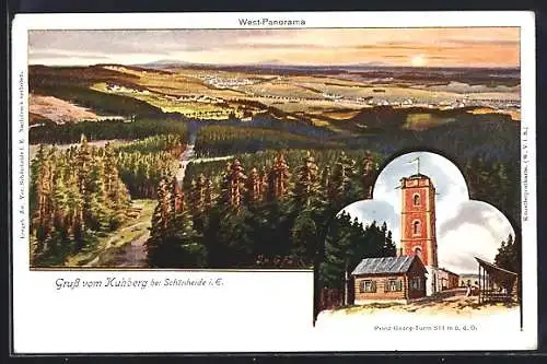 AK Schönheide / E., West-Panorama, Prinz Georg-Turm auf dem Kuhberg