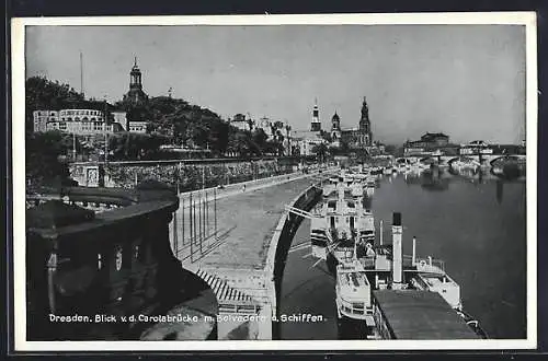 AK Dresden, Blick von der Carolabrücke auf Belvedere und Dampfschiffe