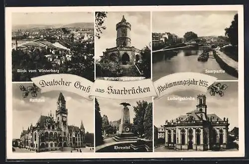 AK Saarbrücken, Blick vom Winterberg, Winterbergdenkmal, Rathaus, Ehrental, Saarpartie