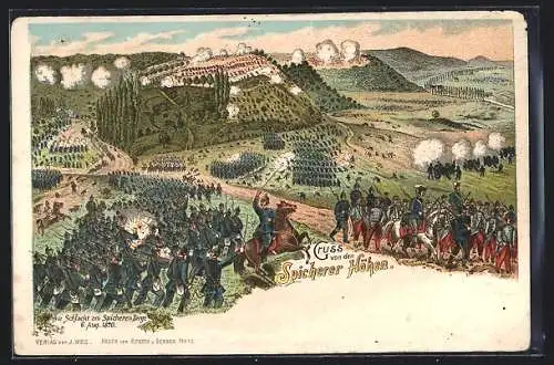 Lithographie Saarbrücken, Schlacht am Spicherer Berge am 6. August 1870