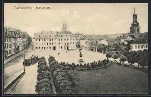 AK Saarbrücken, Schlossplatz mit Strassenbahn