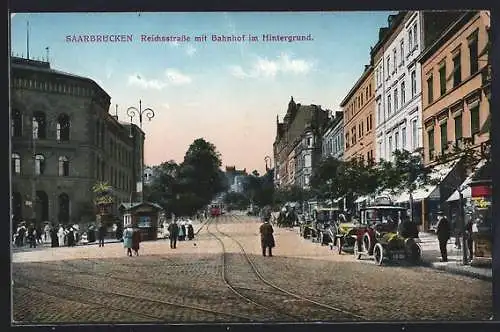 AK Saarbrücken, Strassenbahn in der Reichsstrasse