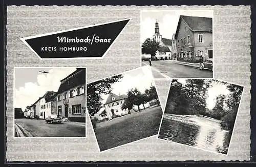 AK Mimbach / Saar, Ortspartie mit Kirche, Gasthaus, Villa m. Garten, Flusspartie