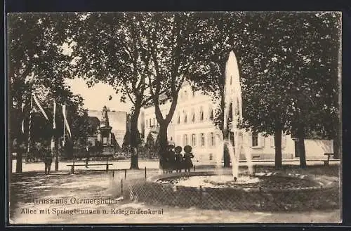 AK Germersheim, Allee mit Springbrunnen und Kriegerdenkmal