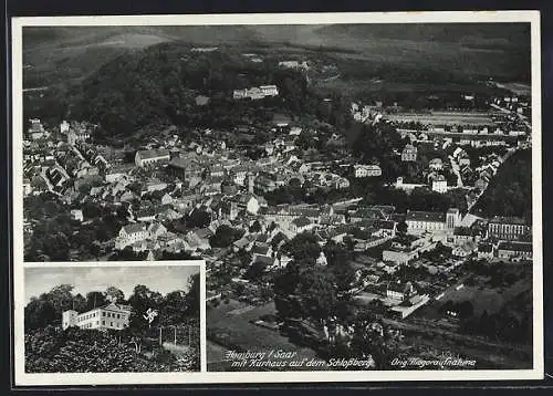 AK Homburg /Saar, Schlossberg-Höhengaststätte von K. Knerr, Fliegeraufnahme der Ortschaft