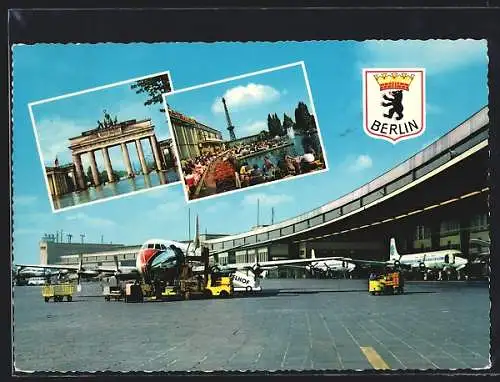 AK Flughafen Berlin-Tempelhof, Wappen, Brandenburger Tor, Blick auf den Funkturm