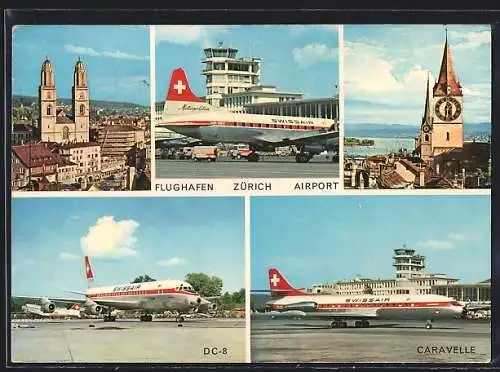 AK Zürich, Flughafenmotive mit DC-8 und Caravelle