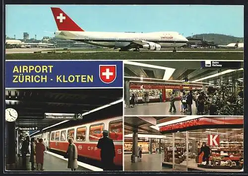 AK Zürich, Flughafen Kloten, Bahnhof und Geschäfte im Flughafen