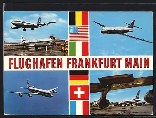 AK Frankfurt, Flugzeug der Lufthansa & Gebäude des Flughafenens