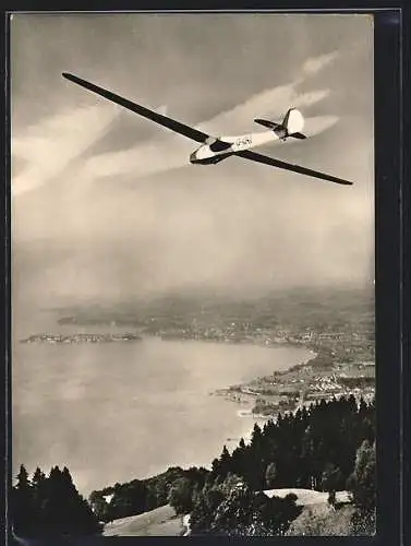 AK Lindau, Blick vom Pfänder auf den Bodensee mit Flugzeug