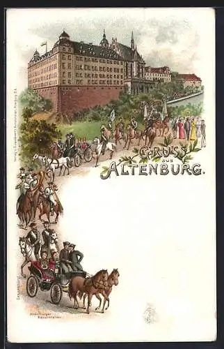 Lithographie Altenburg / S.-A., Schloss mit Kirche mit Altenburger Bauernreiten