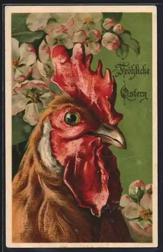 Lithographie Huhn vor blühenden Zweigen, Ostergruss