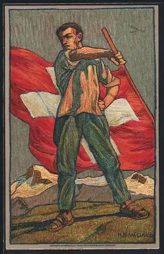 Künstler-AK Schweizer Bundesfeier 1912, Mann mit Flagge im Gebirge