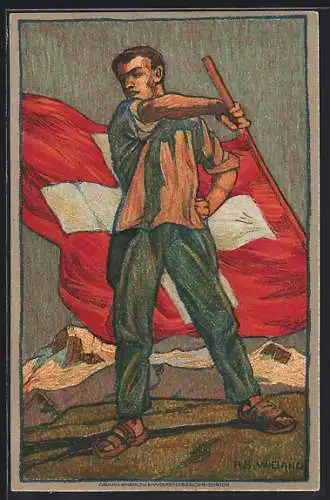 Künstler-AK Schweizer Bundesfeier 1912, Mann mit Flagge im Gebirge