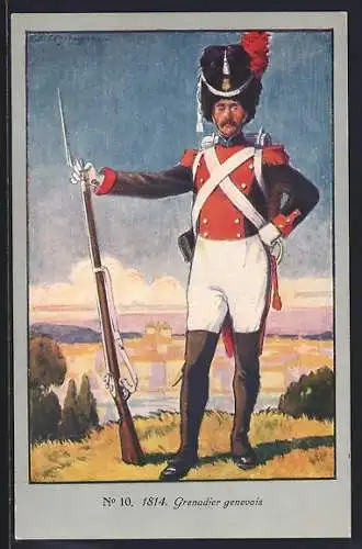 Künstler-AK Genf, Grenadier genevois, 1814 Centenaire de la Réunion 1914