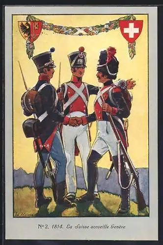 Künstler-AK Genève, La Suisse accueille 1814, Soldaten geben sich die Hand