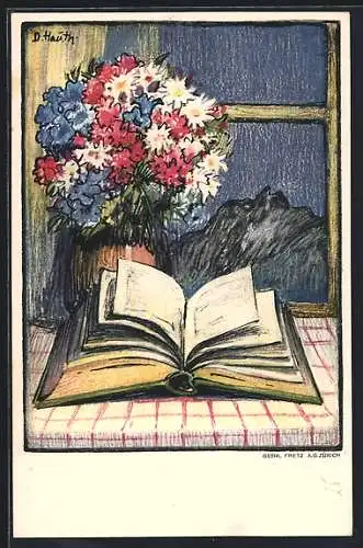 Künstler-AK Schweizer Bundesfeier 1922, Buch auf Tisch mit Blumen