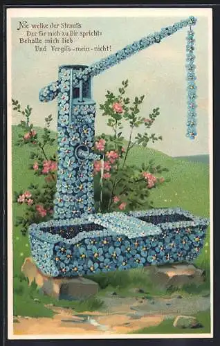 Künstler-AK Brunnen mit Pumpe, gehüllt in Vergissmeinnicht, Rosenbusch, Blumenbild