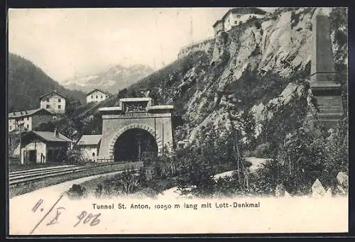 AK St. Anton am Arlberg, Tunneleingang mit Lott-Denkmal