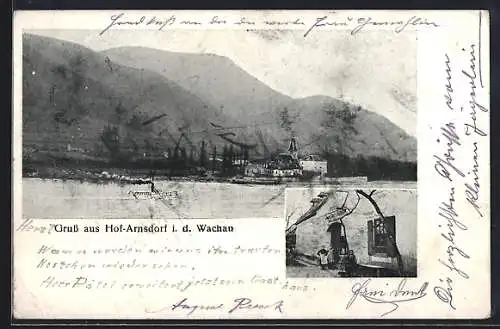 AK Hof-Arnsdorf i. d. Wachau, Gasthaus, Uferpartie mit Kirche und Dampfer