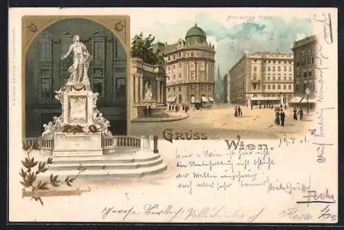 Lithographie Wien, Albrechtsplatz mit Spaziergängern, Mozart-Denkmal