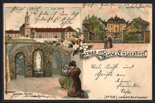 Lithographie Maria Enzersdorf, Lourdes Grotte in der Kirche, alte Kirche, Schloss Hunyady